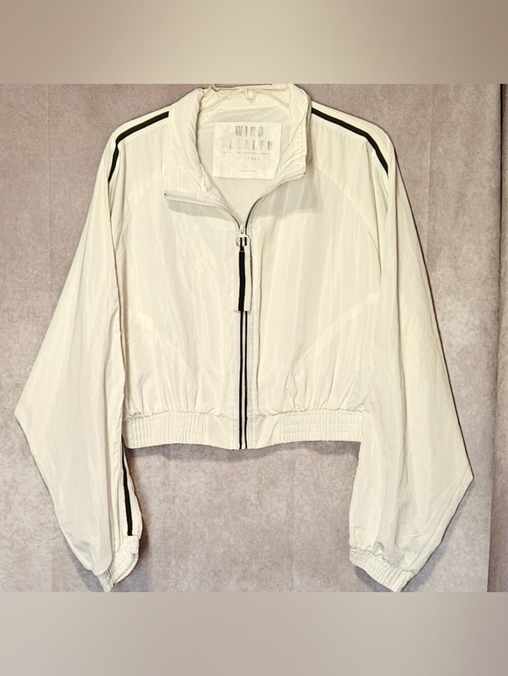Love Tree Womens Windbreaker Jacket Large Cropped White Black Stripe Mesh Lined